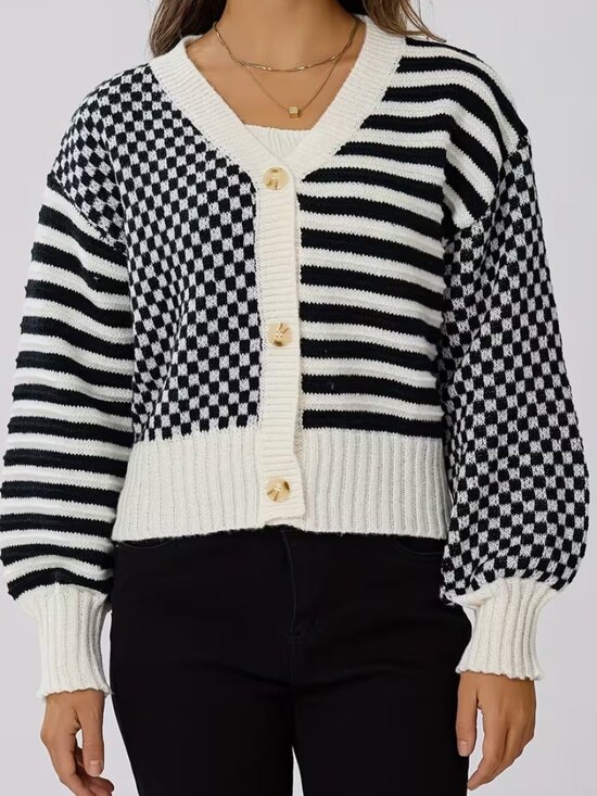 Sweaters - Checkered Striped Black & White V-Neck Cardigan